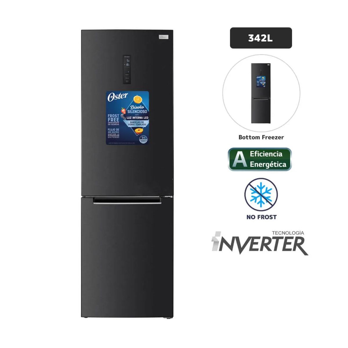 OSTER - Refrigeradora OSTER 342L Inverter OS-PNFC347BI Black Inox