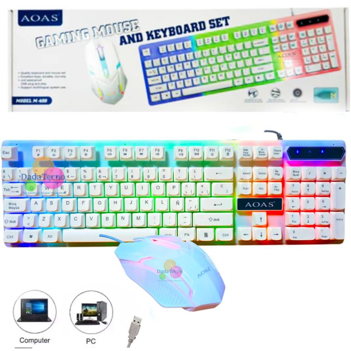 GENERICO - KIT Teclado Y Mouse Gamer Cable USB Pc Laptop Blanco Luz RGB M-400