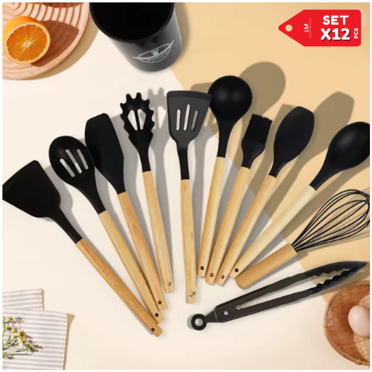 INSPIRA MARKET - Balde de utensilios de silicona cucharones set x12 pcs