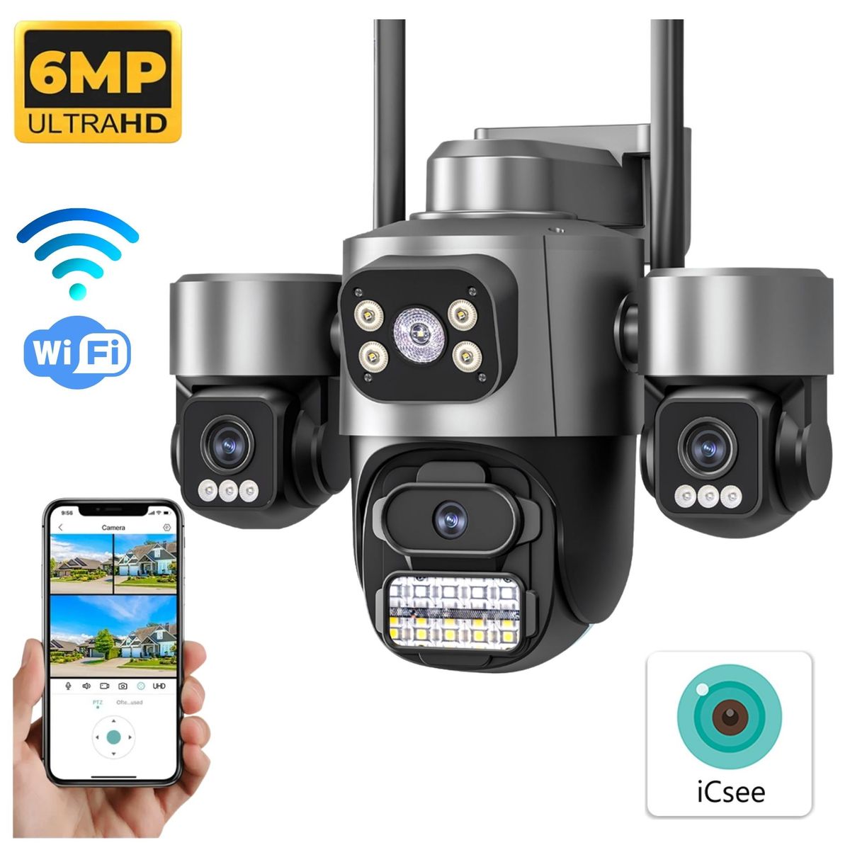SEISA - Cámara de Seguridad PTZ 355° Triple Lente WiFi con Alarma Inteligente FHD  iCSee