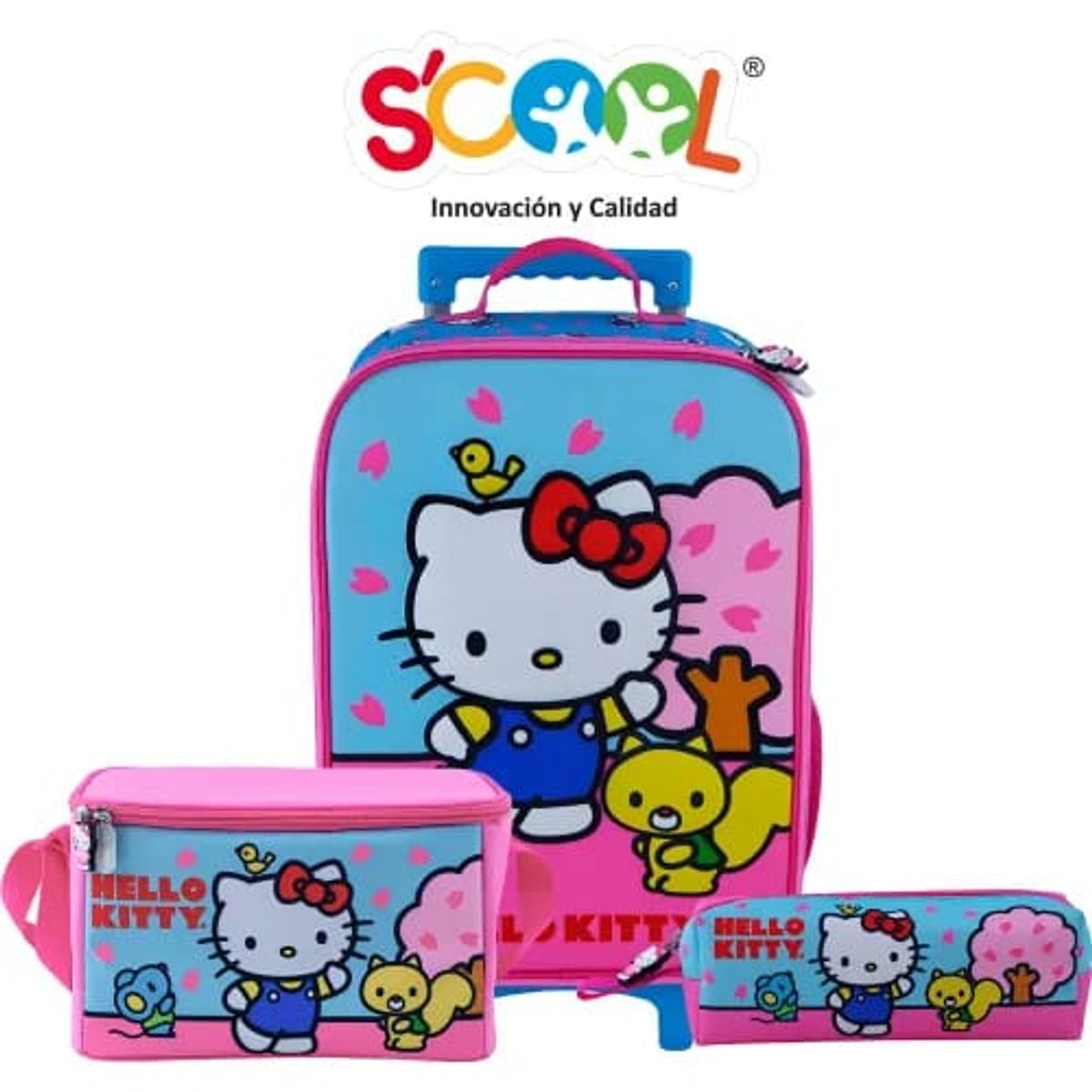SCOOL - Mochila Hello Kitt y con Ruedas + Lonchera y Cartuchera