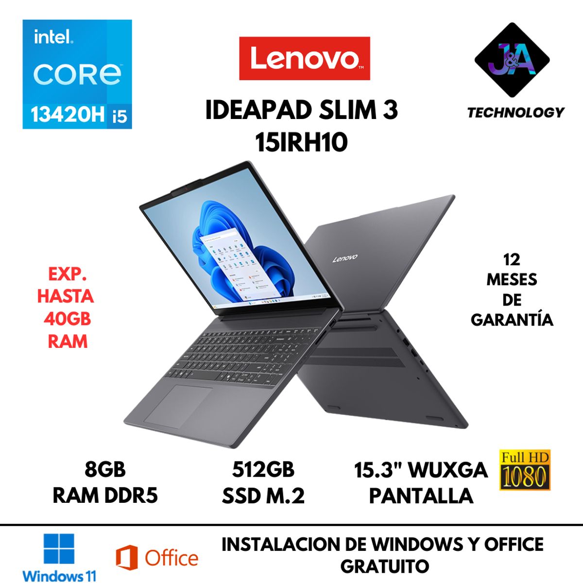 LENOVO - LAPTOP LENOVO IDEAPAD SLIM 3 15IRH10 CORE I5-13420H 8GB RAM DDR5 512B SSD 15.3" WUXGA FREEDOS