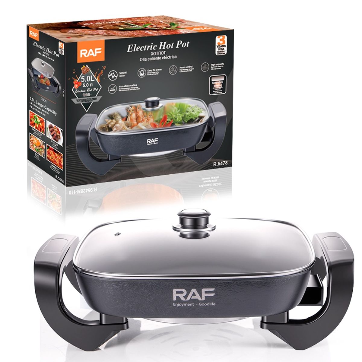 GENERICO - Olla Sarten Eléctrica Multifuncional RAF 5L 1000W AntiadherenteTapa de Vidrio