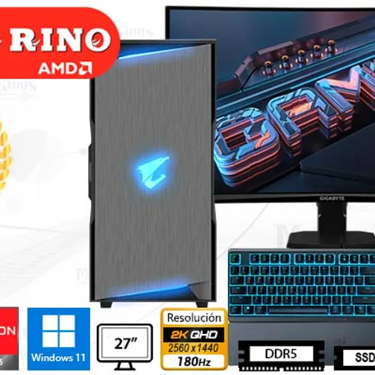 AMD - Computadora Enovu AMD Ryzen 9 9950X 32GB 2TB SSD 27" Radeon RX 9070 XT 16GB Windows 11 Pro