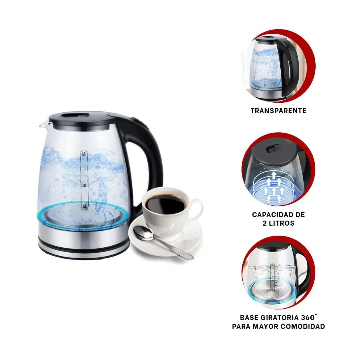 GENERICO - Hervidor Eléctrico de Vidrio 2 Litros con Base Giratoria 360° y Apagado Automático