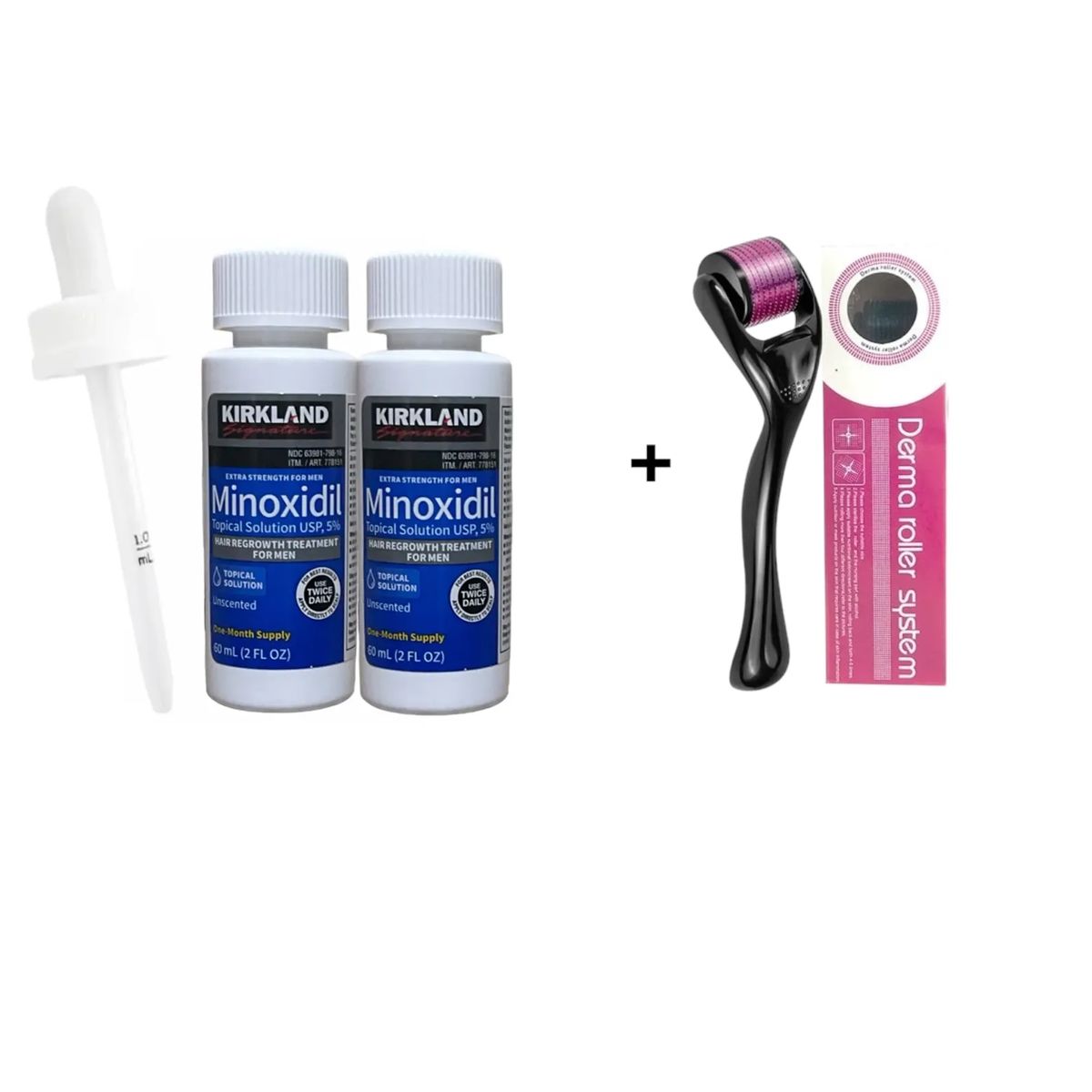 Kirkland - 2 Minoxidil Liquido 5% Kirkland + 1 Dermaroller System 0.5mm Incluye Gotero