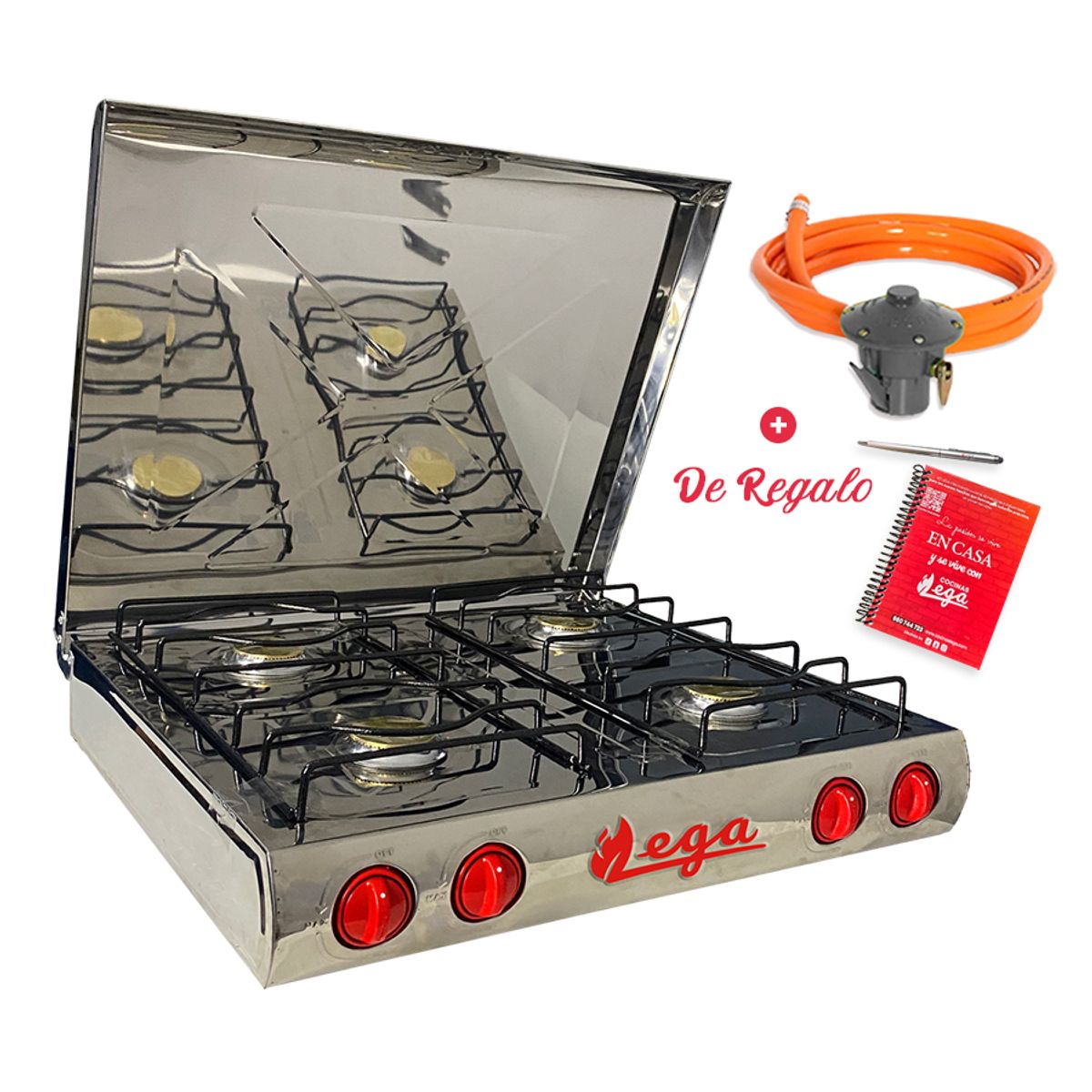 GENERICO - Cocina 4 Hornillas GRANDE a Gas de Acero Inox + KIT REGULADOR