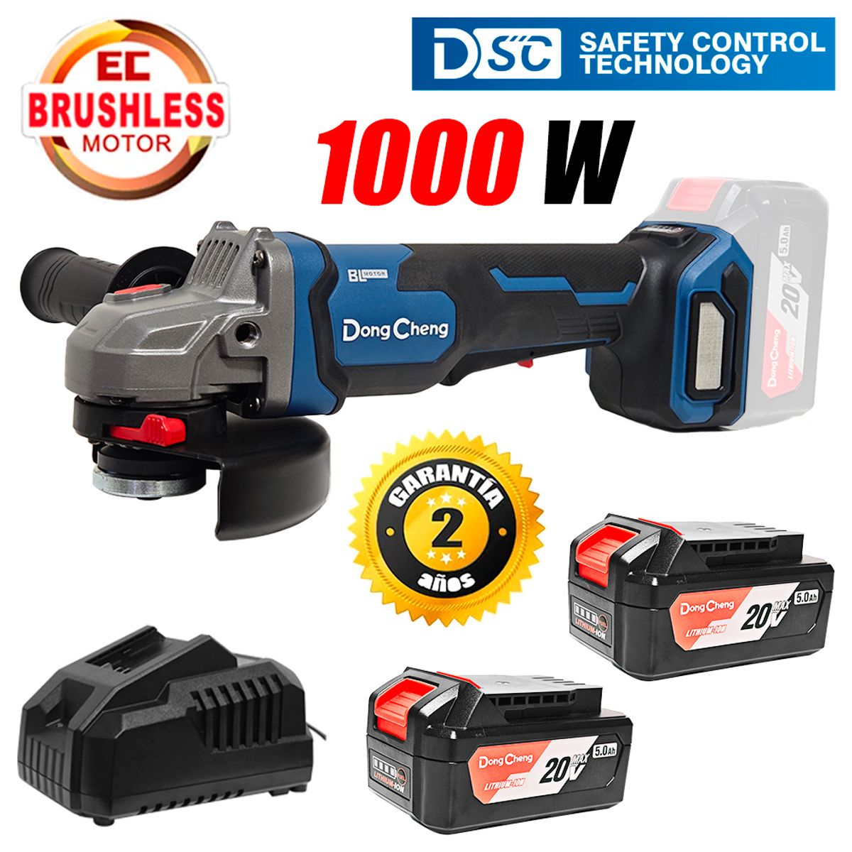 DONGCHENG - Amoladora Industrial Inalámbrica 5 ' Dongcheng DCSM04-125PFK 20V 2Bat x 5Ah Hombre Muerto Brushless