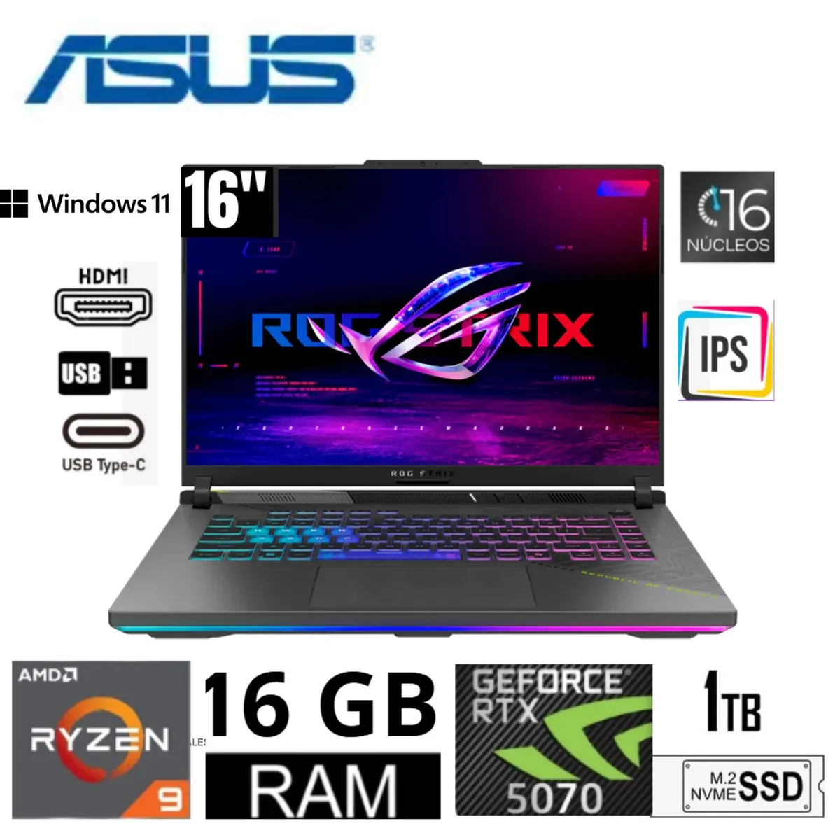 ASUS - Laptop Gamer Asus ROG STRIX G16 Ryzen 9-8940HX 16GB RAM 1TB SSD RTX5070-8GB 16FHD+ 165HZ G614P-WH94