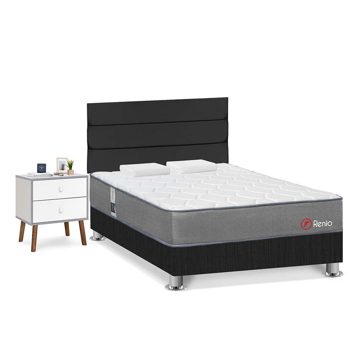FORLI - Dormitorio Renio Gris 2 Plz + 01 Velador + 02 Almohadas Rolleds