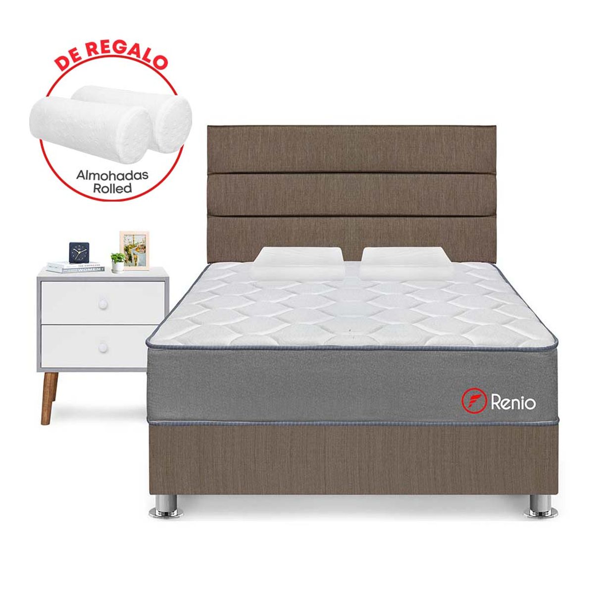 FORLI - Dormitorio Renio Marrón 2 Plz + 01 Velador + 02 Almohadas Rolleds