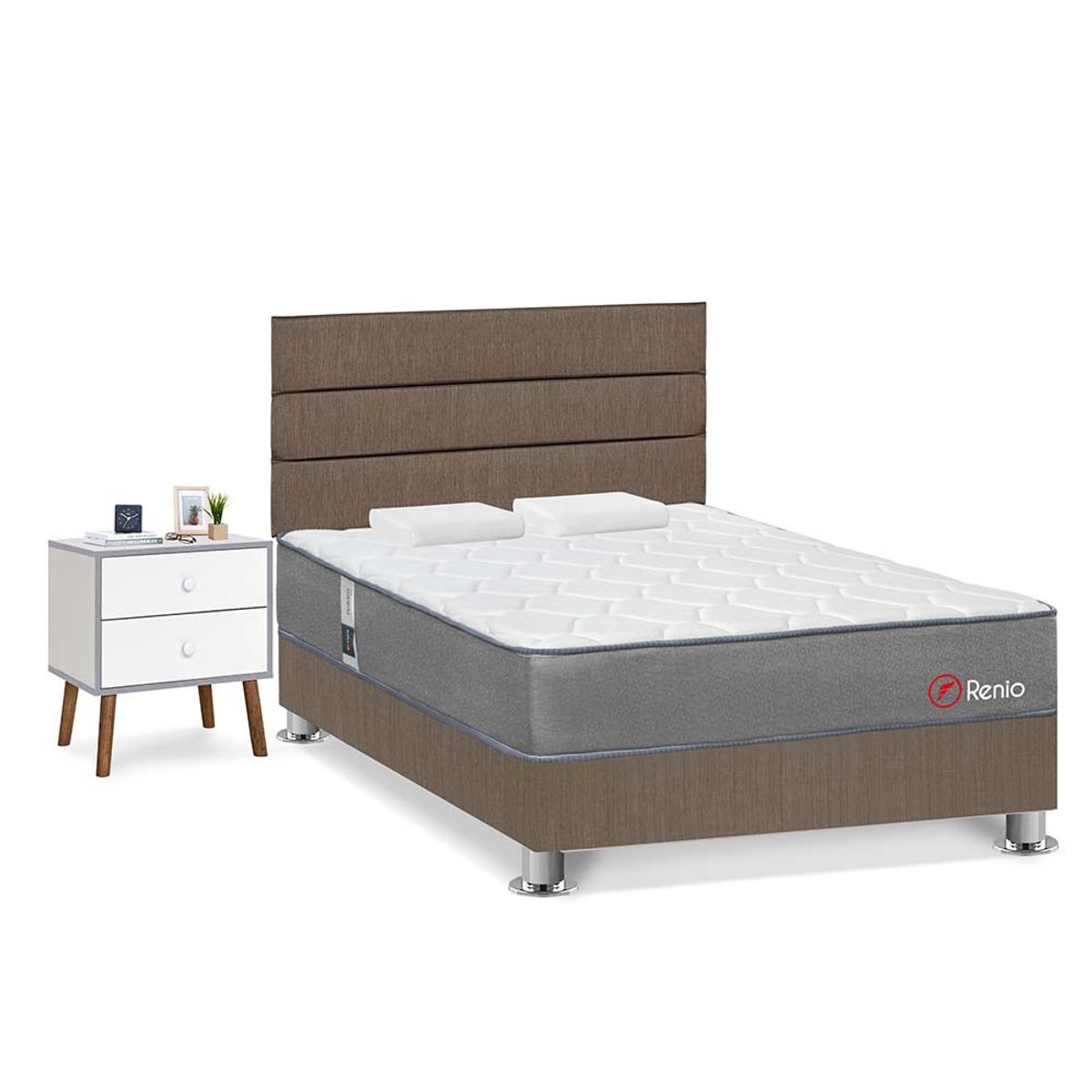 FORLI - Dormitorio Renio Marrón 2 Plz + 01 Velador + 02 Almohadas Rolleds