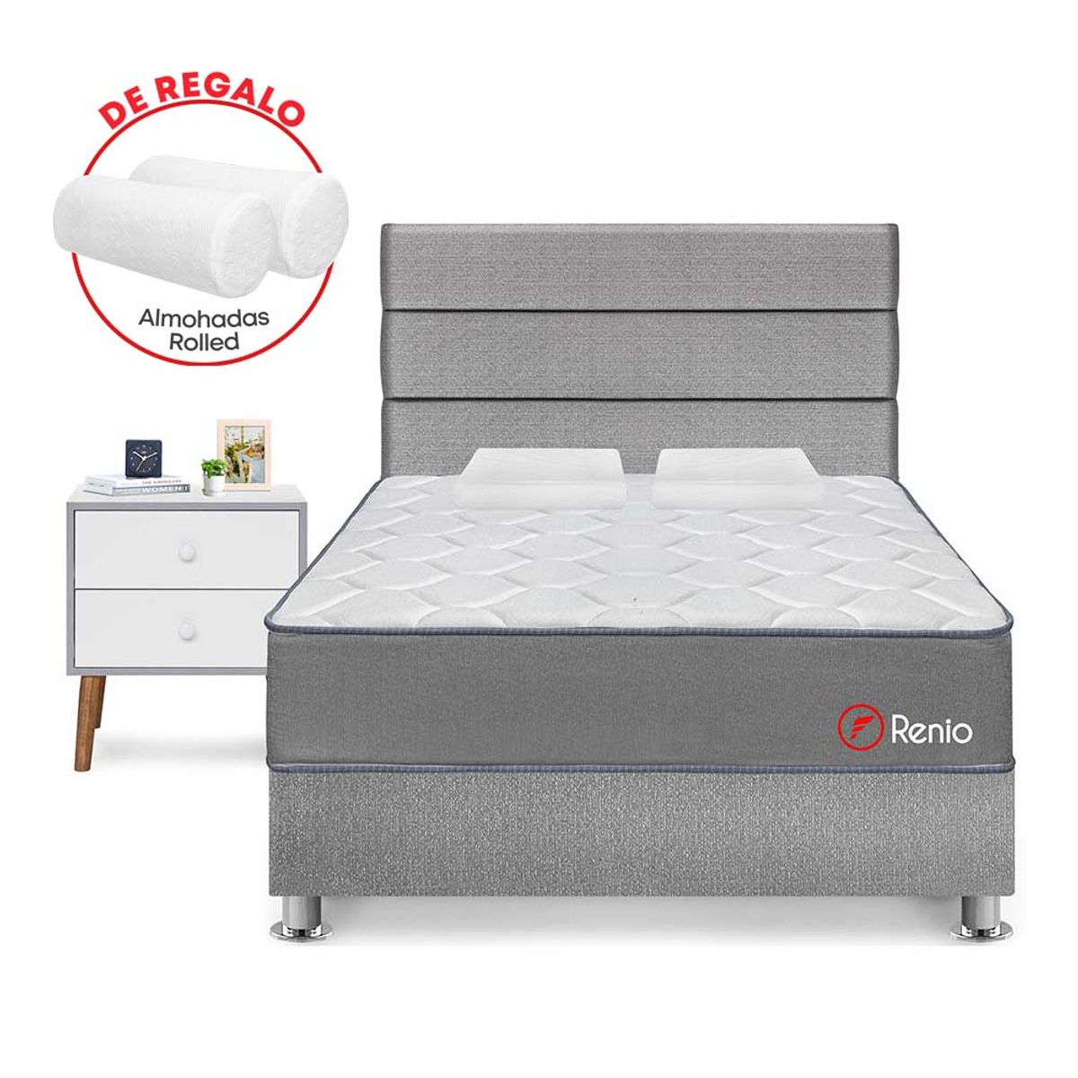 FORLI - Dormitorio Renio Plata 2 Plz + 01 Velador + 02 Almohadas Rolleds