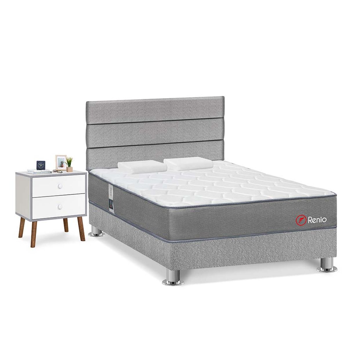 FORLI - Dormitorio Renio Plata 2 Plz + 01 Velador + 02 Almohadas Rolleds