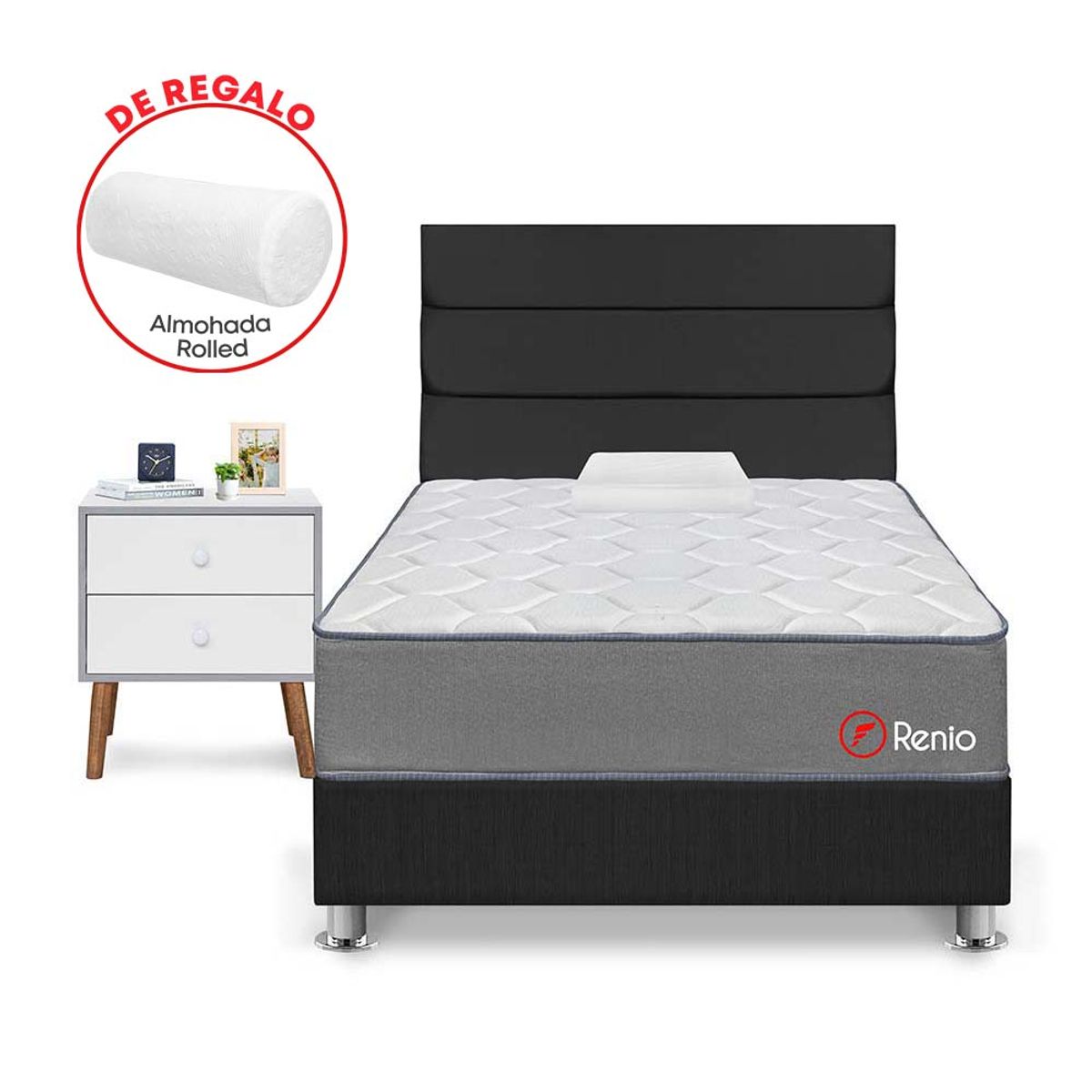 FORLI - Dormitorio Renio Gris 1.5 Plz + 01 Velador + 01 Almohada Rolled