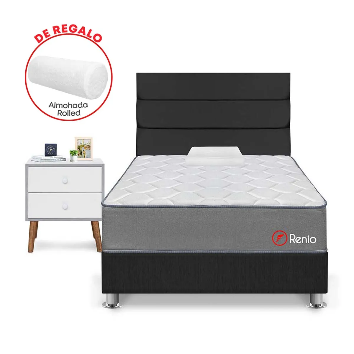 FORLI - Dormitorio Renio Gris 1.5 Plz + 01 Velador + 01 Almohada Rolled
