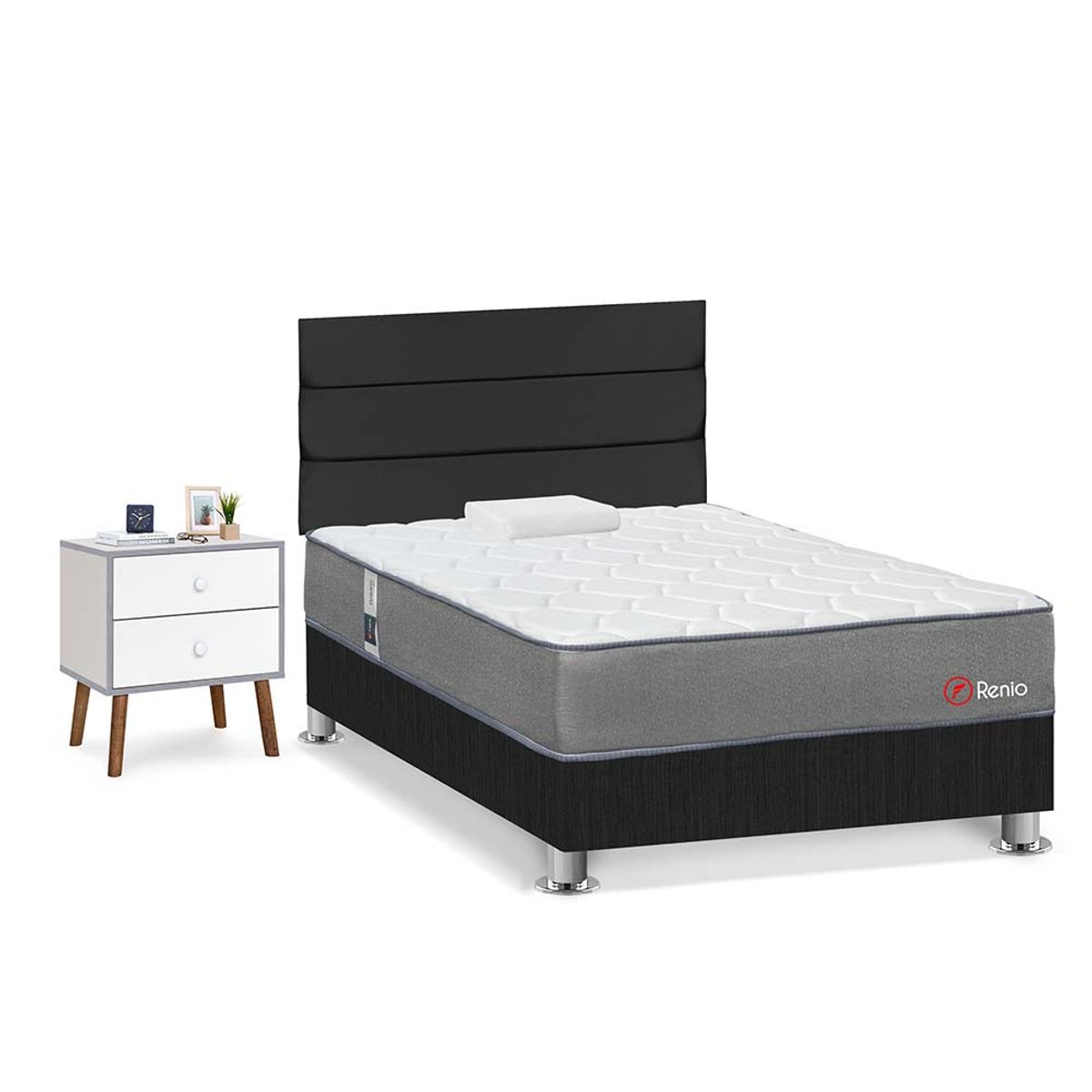 FORLI - Dormitorio Renio Gris 1.5 Plz + 01 Velador + 01 Almohada Rolled