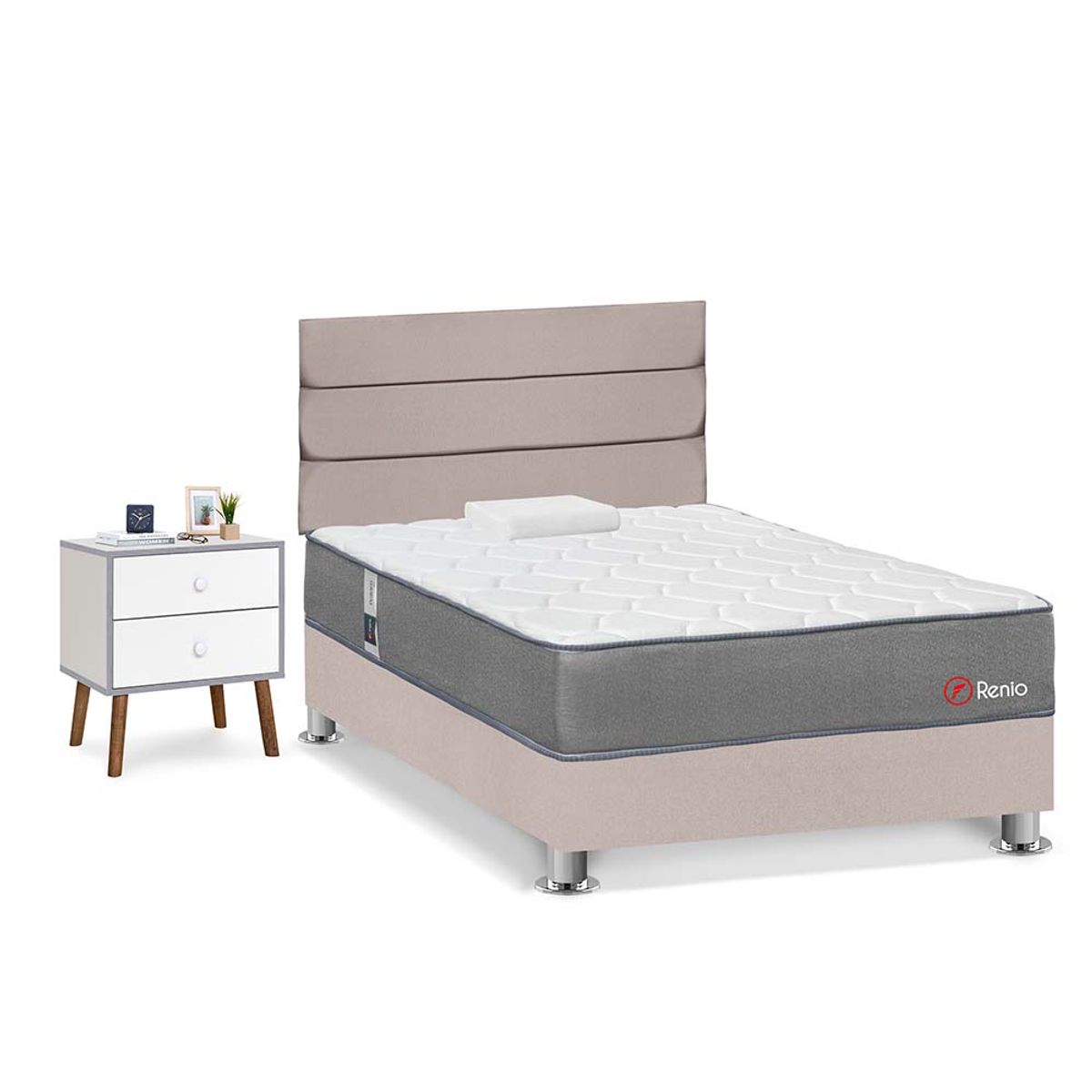 FORLI - Dormitorio Renio Beige 1.5 Plz + 01 Velador + 01 Almohada Rolled