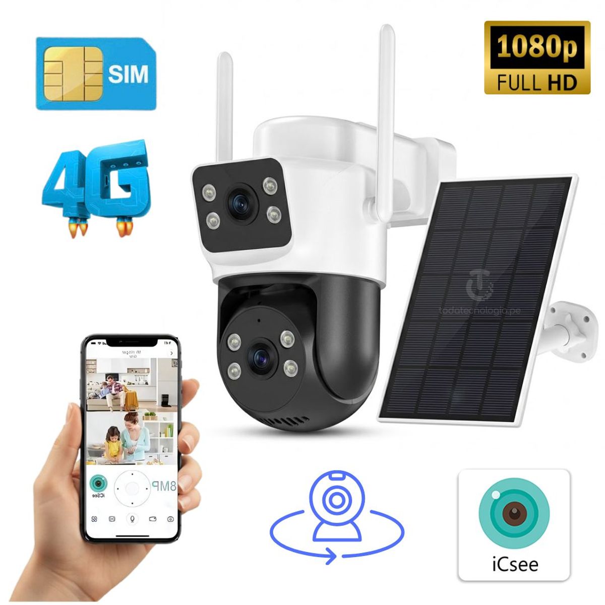 SEISA - Camara de Seguridad PTZ con Chip 4G + Panel Solar 2 Lentes Full Hd 4MP