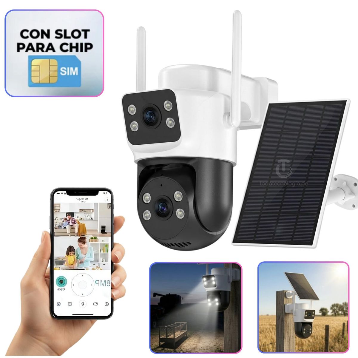 SEISA - Camara de Seguridad PTZ con Chip 4G + Panel Solar 2 Lentes Full Hd 4MP