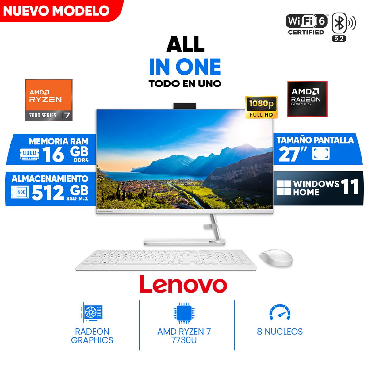 LENOVO - All In One Lenovo IdeaCentre 3 27ALC6, 27 FHD IPS, Ryzen 7 7730U, 16GB DDR4, 512GB SSD