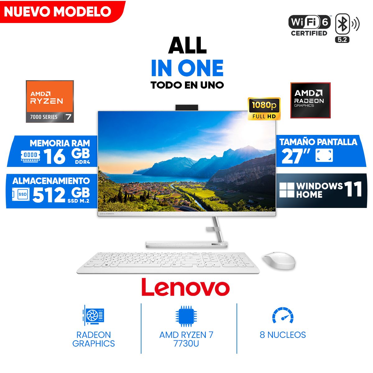 LENOVO - All In One Lenovo IdeaCentre 3 27ALC6, 27 FHD IPS, Ryzen 7 7730U, 16GB DDR4, 512GB SSD
