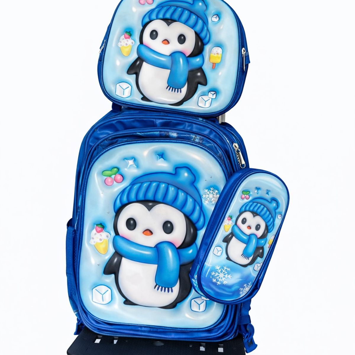 GENERICO - SET MOCHILA LUCES RUEDA 3D PINGUINO INVIERNO - MOCHILA - LONCHERA Y CARTUCHERA