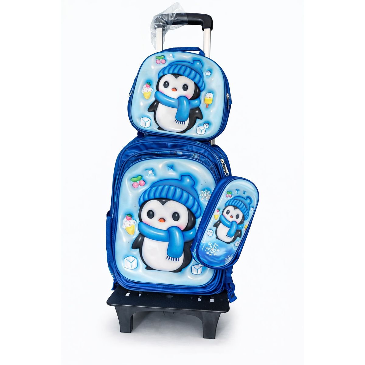 GENERICO - SET MOCHILA LUCES RUEDA 3D PINGUINO INVIERNO - MOCHILA - LONCHERA Y CARTUCHERA