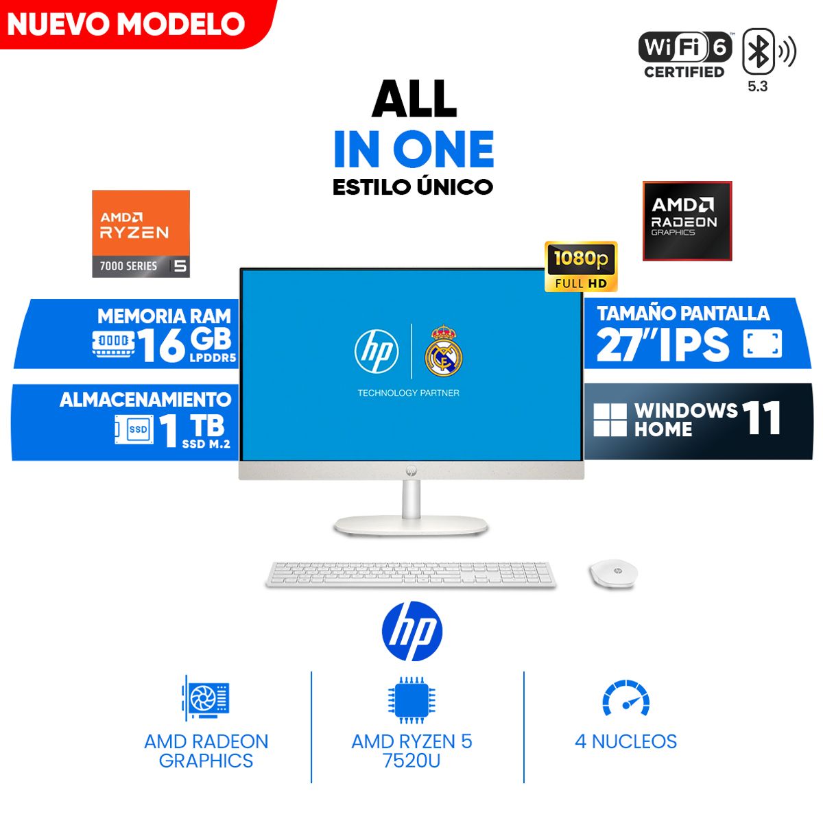 HP - All in One HP CR0254LA, 27" Full HD IPS, AMD Ryzen 5 7520U, 16GB LPDDR5,1TB SSD M.2