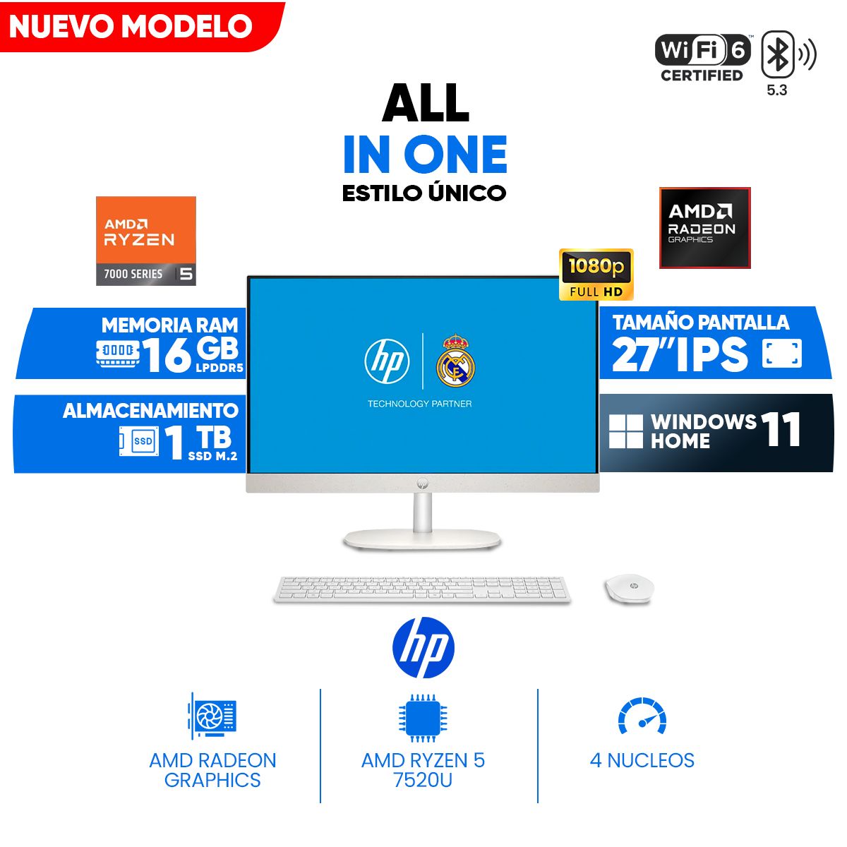 HP - All in One HP CR0254LA, 27" Full HD IPS, AMD Ryzen 5 7520U, 16GB LPDDR5,1TB SSD M.2