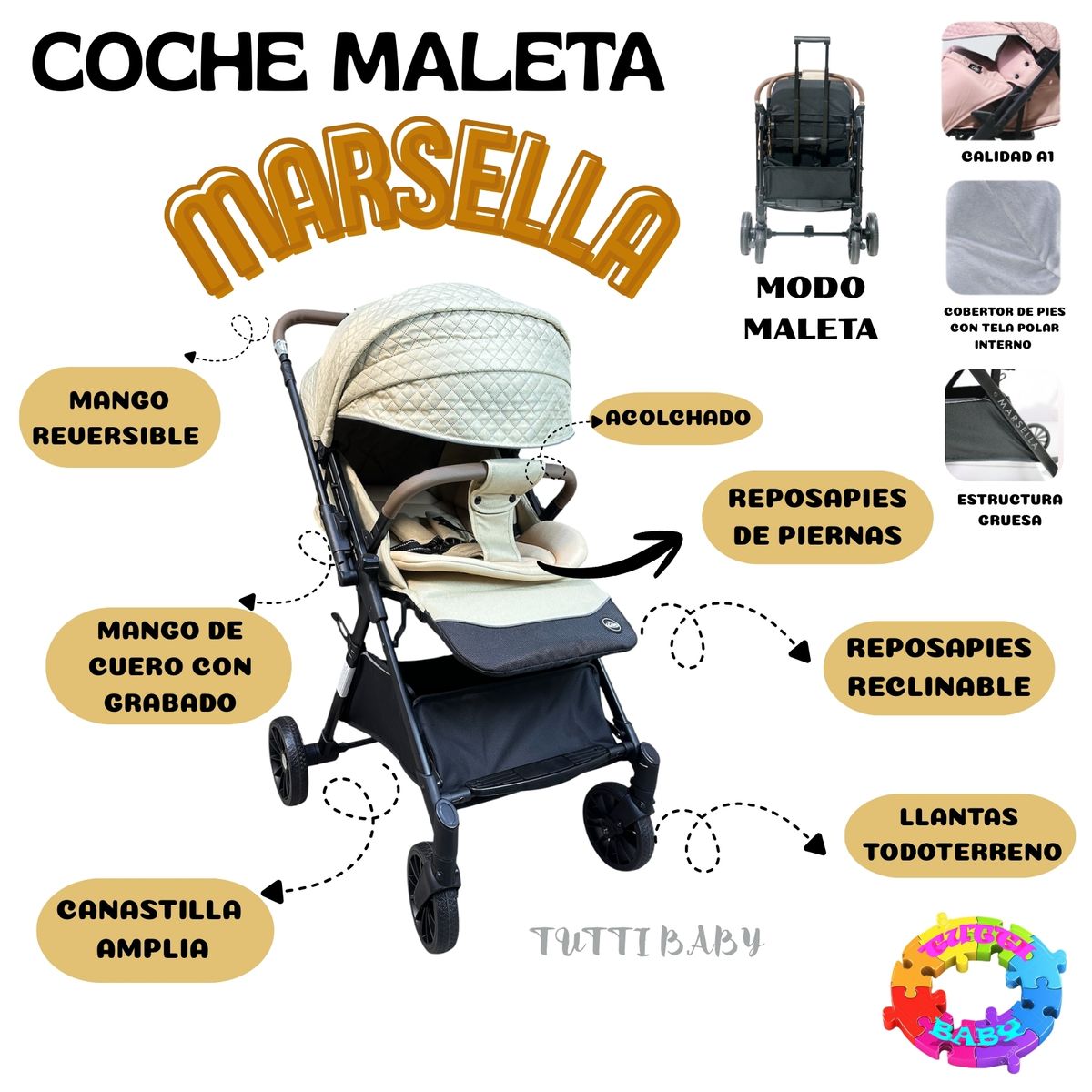 HI BABY - COCHE MALETA  "MARSELLA"  DE LUJO CON MANGO REVERSIBLE