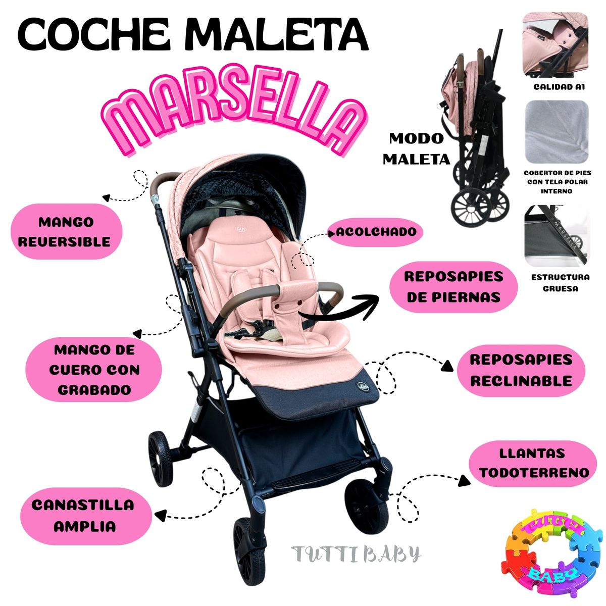 HI BABY - COCHE MALETA MARSELLA DE LUJO CON MANGO REVERSIBLE