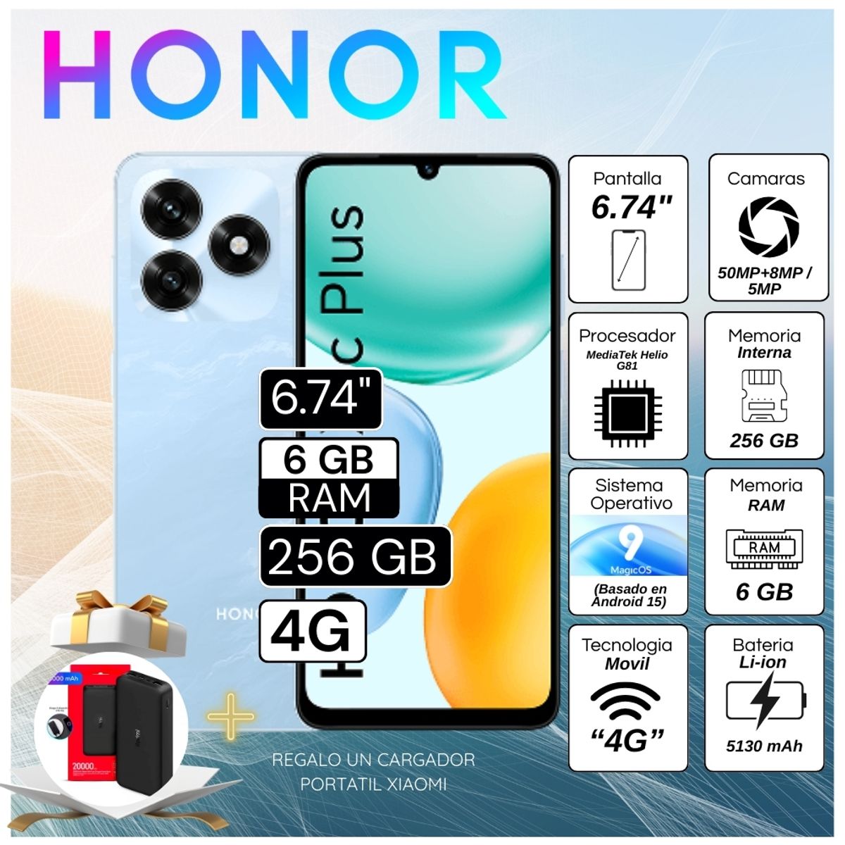 Celular Honor X5C Plus 6.74"  Pulg. 6GB RAM 256GB MagicOS 9.0 - Azul Cian, marca HONOR - Foto Principal