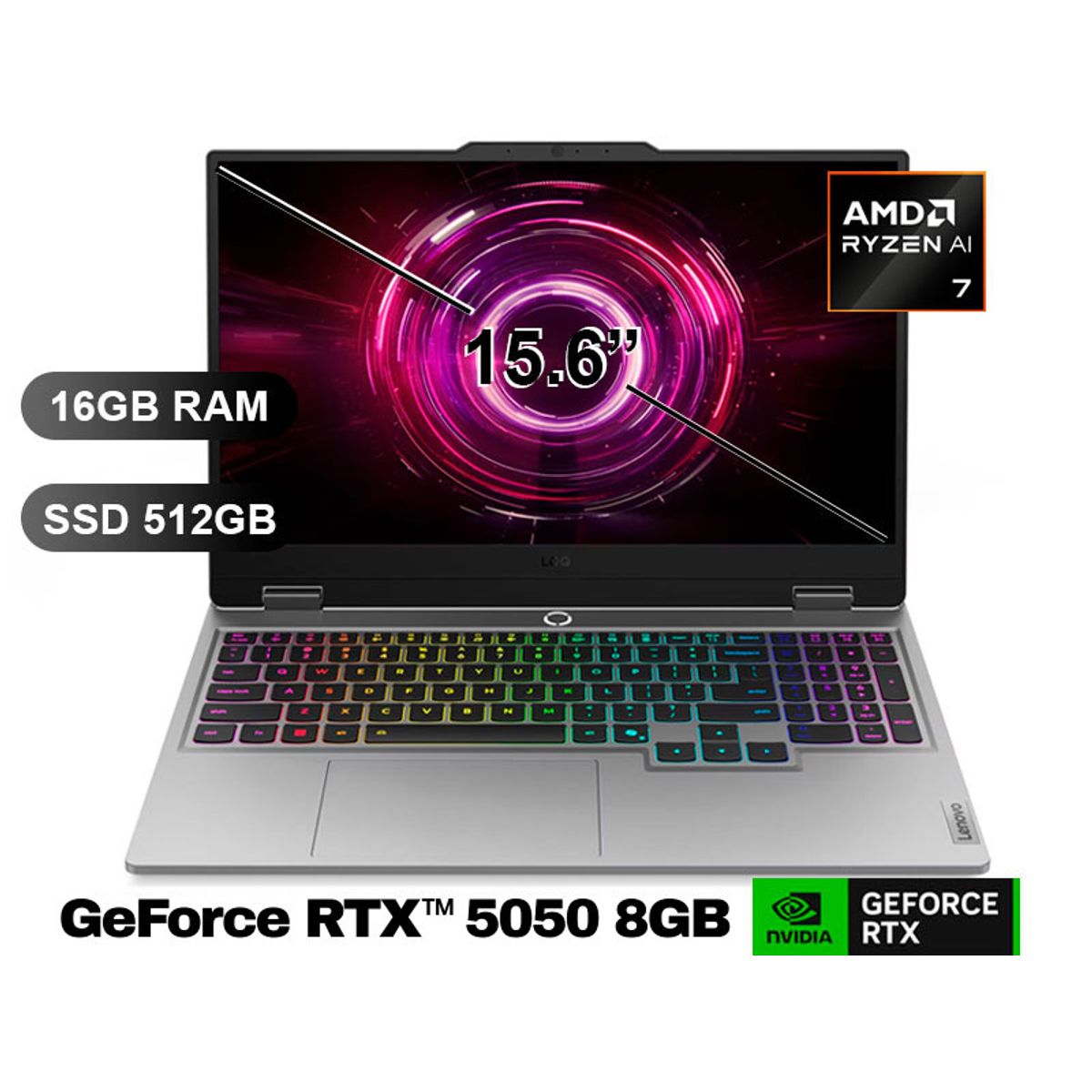 LENOVO - Laptop LENOVO LOQ 15APH10, RYZEN7-250, 16GB RAM, 512GB SSD, RTX5050, SIN WINDOWS, 15.6 83JG007VLM