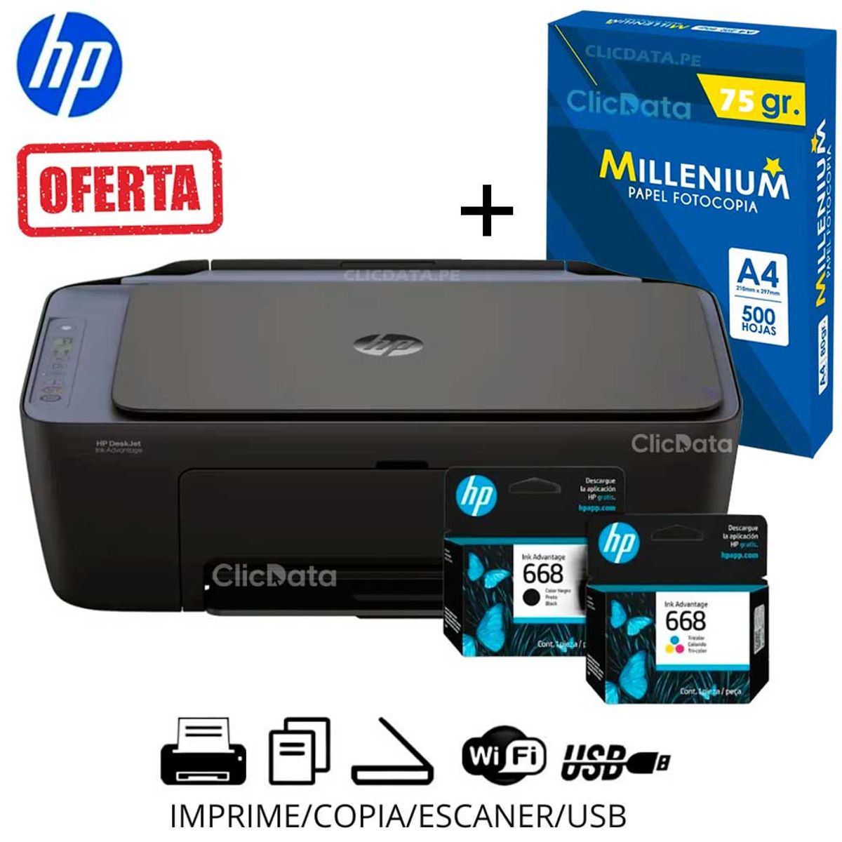 HP - Impresora Multifuncional Deskjet Ink Advantage 2975 color Wifi, USB, Escaner, Copia, Imprime