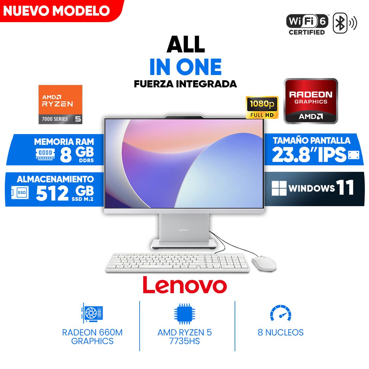 LENOVO - All in One Lenovo IdeaCentre AIO 24ARR9, 23.8" Full HD IPS Ryzen 5 7535HS, 8GB DDR5