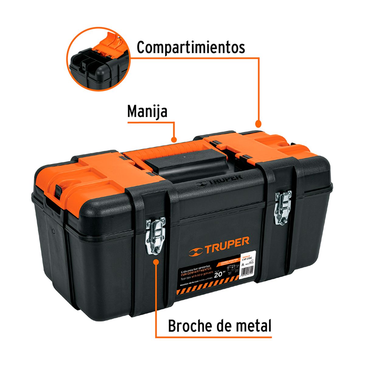 TRUPER - Caja Herramientas Industrial Truper 102435 con Compartimnientos y Broches Metalicos 20" x 10.5″ x 9"