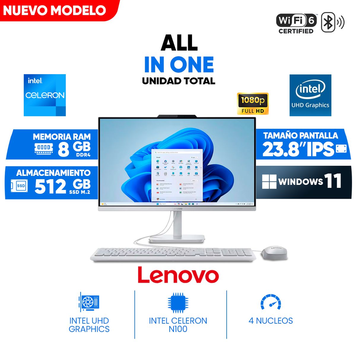 LENOVO - All in One Lenovo A100, 23.8" Full HD IPS, Celeron N100z, 8GB DDR4, 512 GB SSD M.2