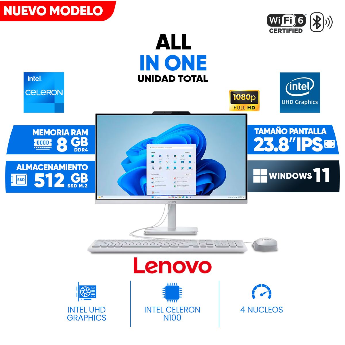 LENOVO - All in One Lenovo A100, 23.8" Full HD IPS, Celeron N100z, 8GB DDR4, 512 GB SSD M.2