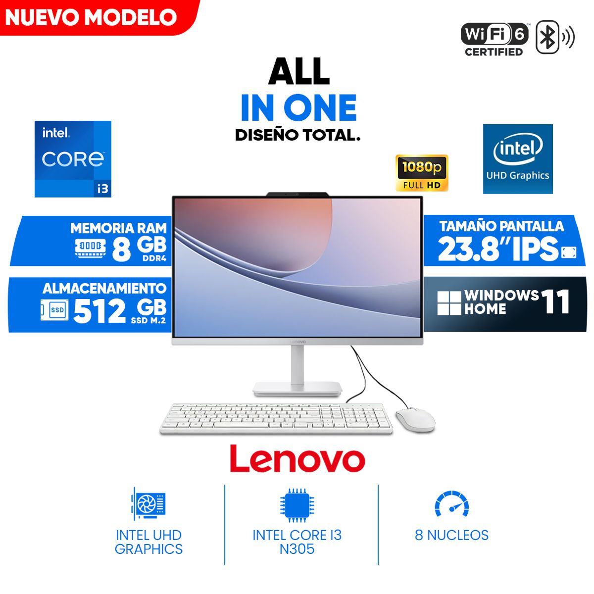 LENOVO - All in One Lenovo A100, 23.8" Full HD IPS Core i3-N305, 8GB DDR4, 512 GB SSD M.2