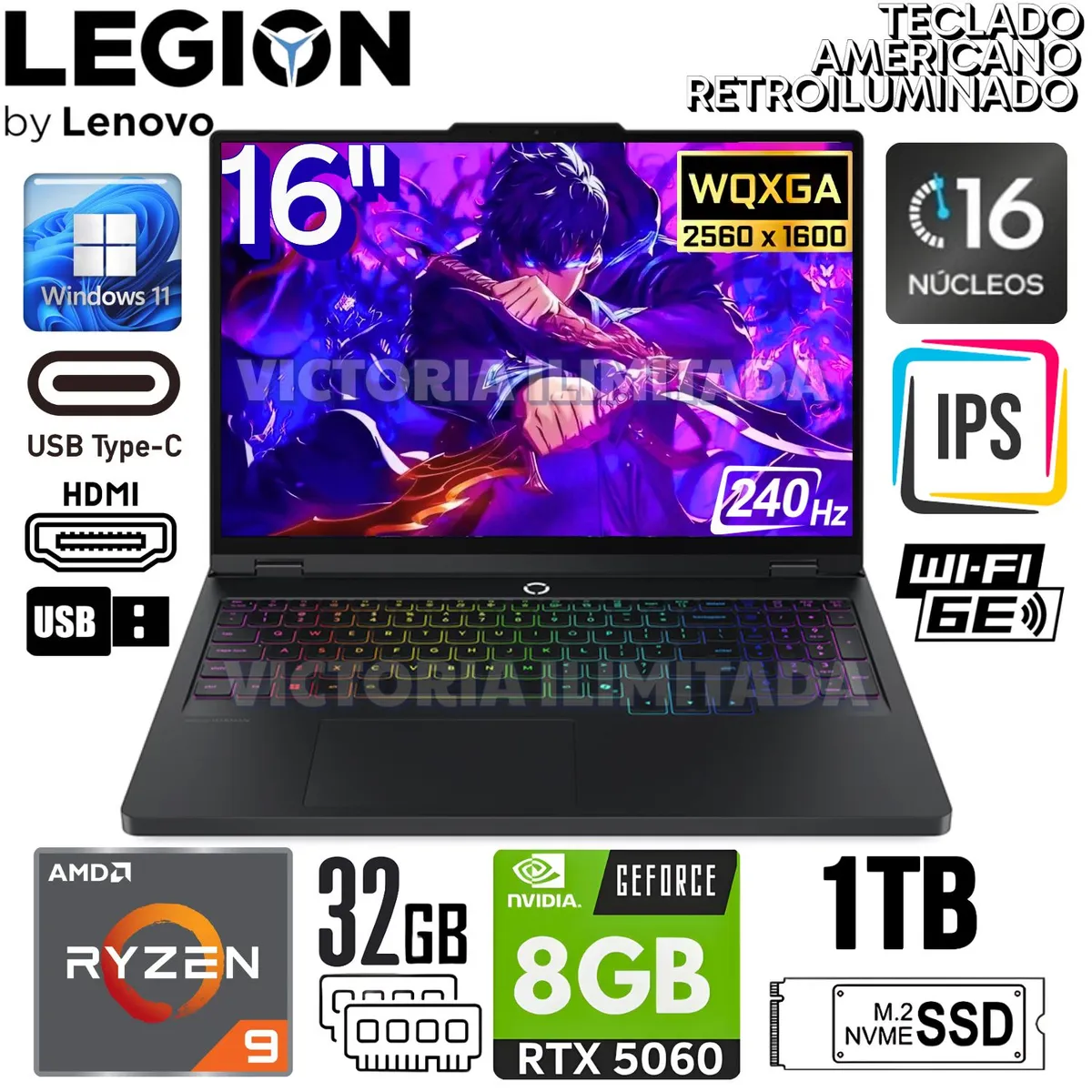 LENOVO - Laptop Lenovo Legion pro 5 16DR10 AMD ryzen 9 32GB RAM 1TB SSD RTX 5060-8GB 16" WQXGA - 83LT002MLM