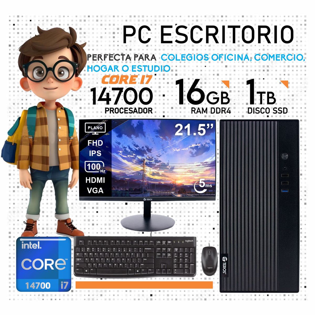 INTEL - Computadora PC Intel Core i7 14700 14VA GEN RAM 16GB SSD 1TB Monitor 22 FHD