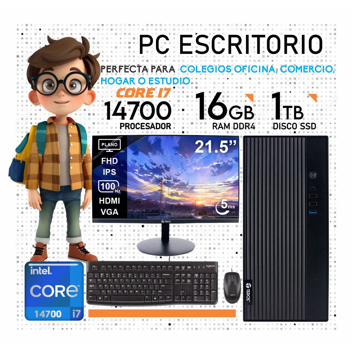 INTEL - Computadora PC Intel Core i7 14700 14VA GEN RAM 16GB SSD 1TB Monitor 22 FHD