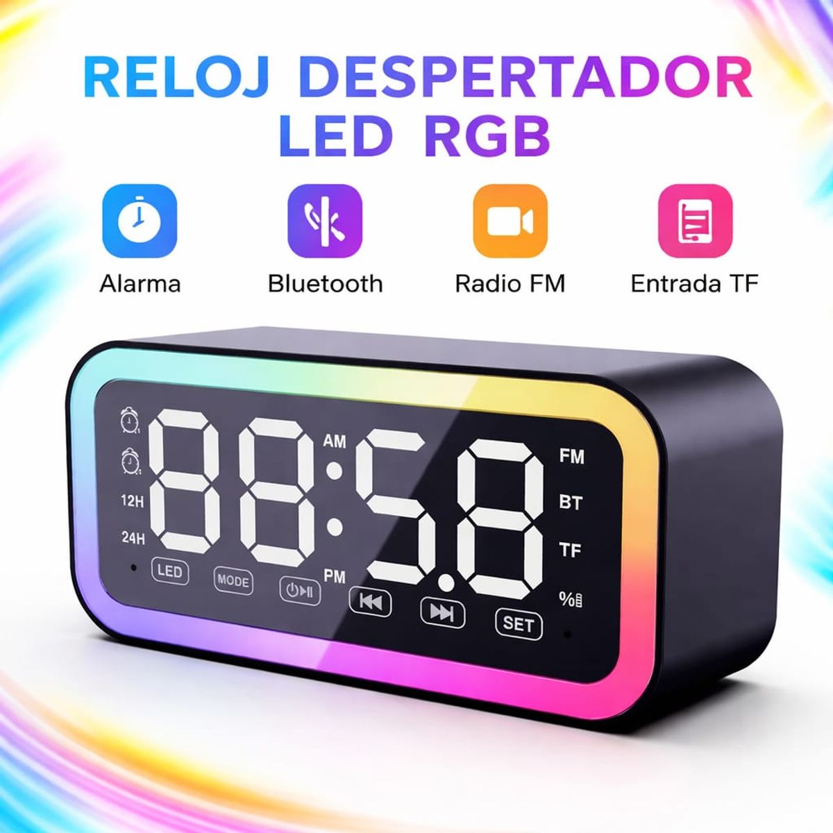 GENERICO - Reloj Despertador LED RGB con Bluetooth, Radio FM Recargable