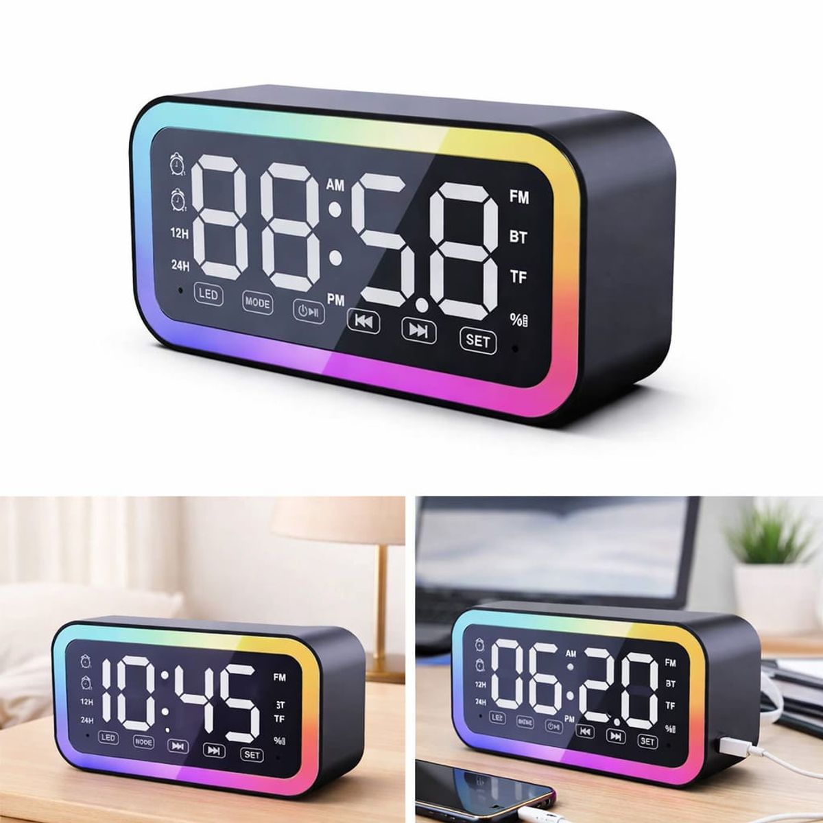 GENERICO - Reloj Despertador LED RGB con Bluetooth, Radio FM Recargable