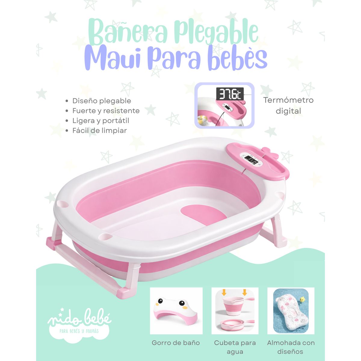 Baby - Bañera Plegable Rosa de Bebé modelo Maui DELUXE