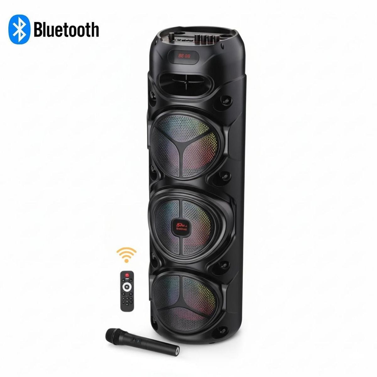 GENERICO - Parlante Bluetooth Luces LED de 60W con Triple Parlante de 8 + Micrófono + Control