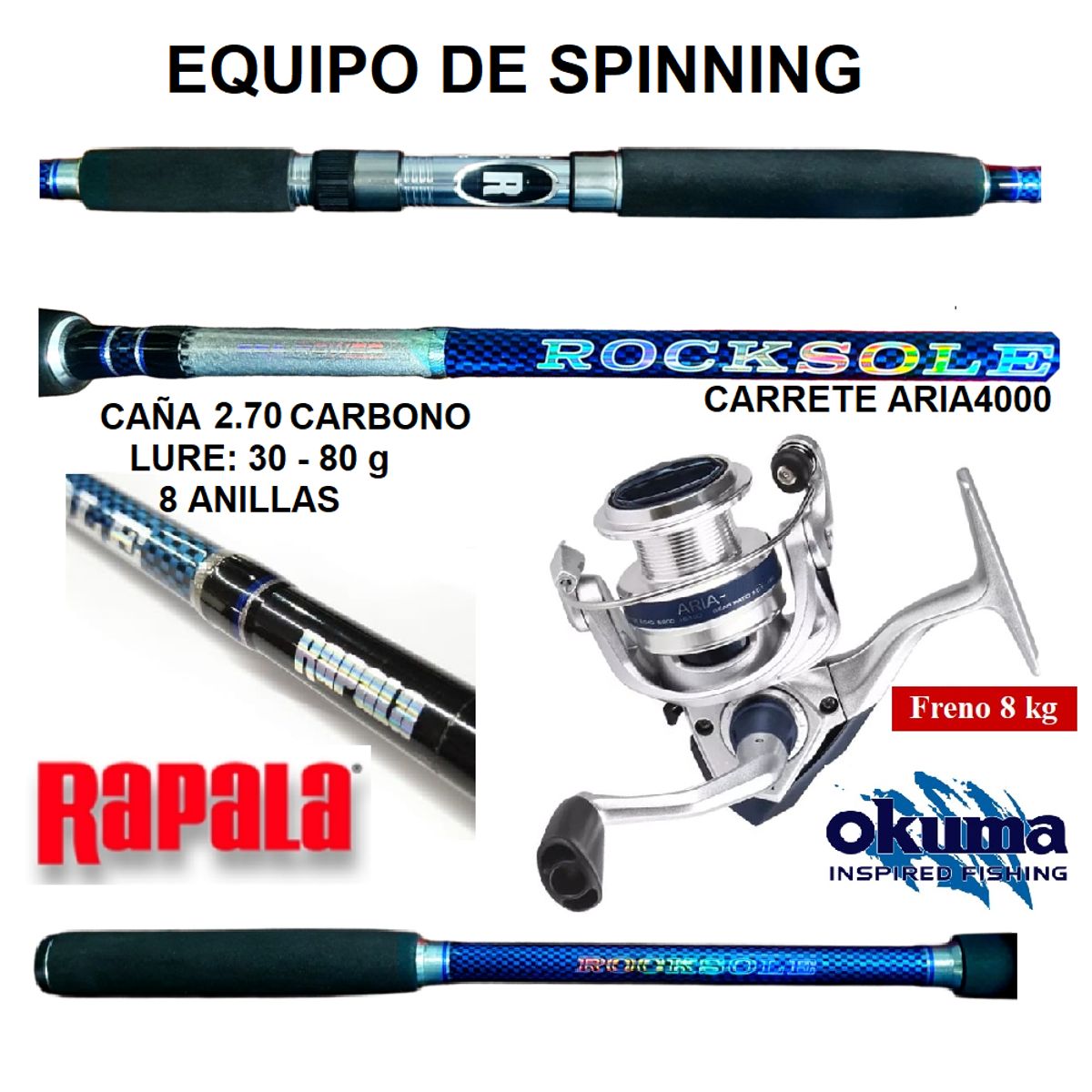 RAPALA - EQUIPO DE PESCA SPINNING CAÑA 2.70 M RAPALA Y CARRETE 4000 OKUMA