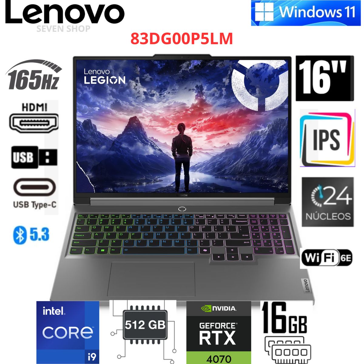 LENOVO - Laptop Lenovo 16″ WQXGA 165Hz Intel Core i9-14900HX 16GB RAM 512GB SSD NVIDIA GeForce RTX 4070 8GB