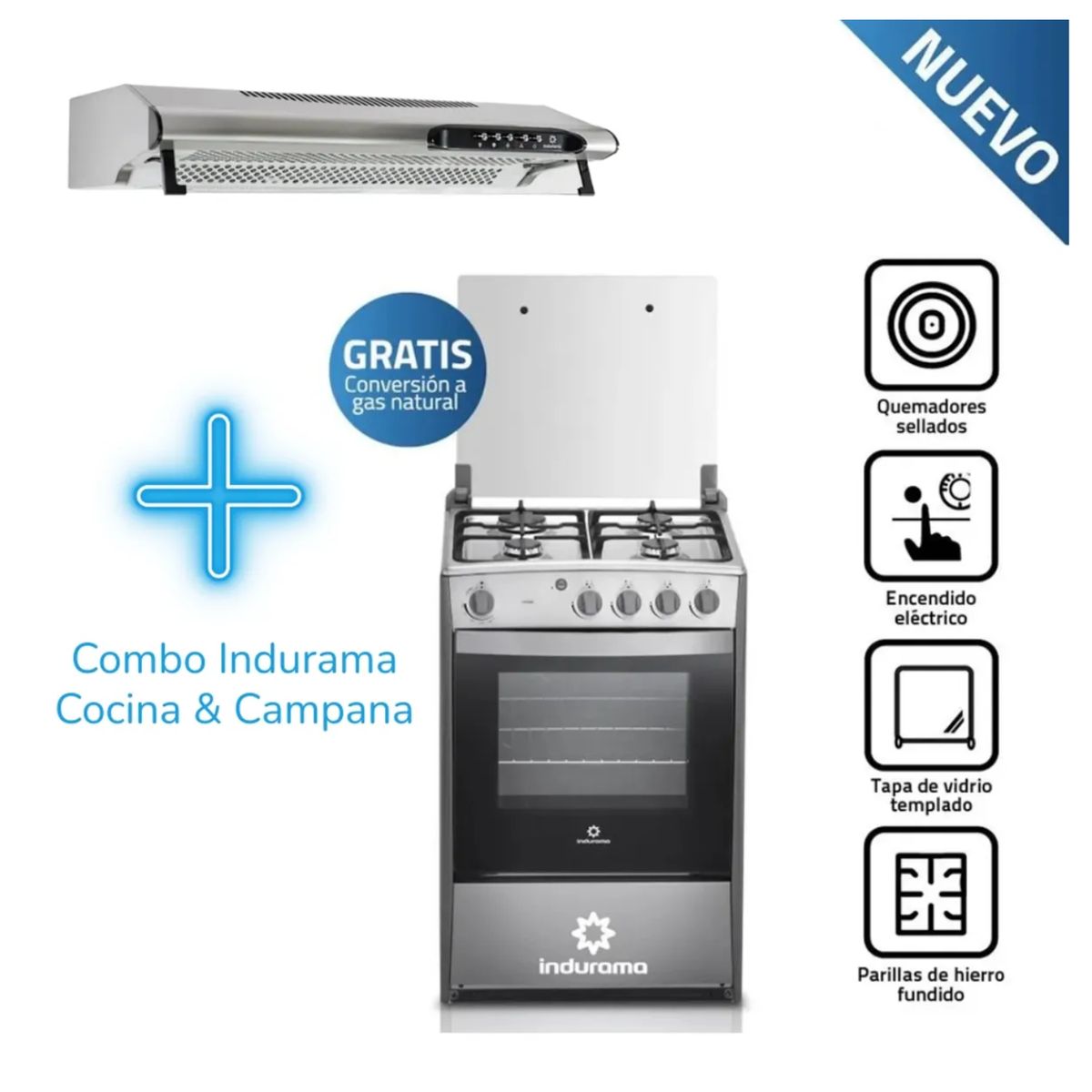 INDURAMA - COCINA INDURAMA CORUÑA DE 4 HORNILLAS GRIS + Campana Extractora CEI-602CRP